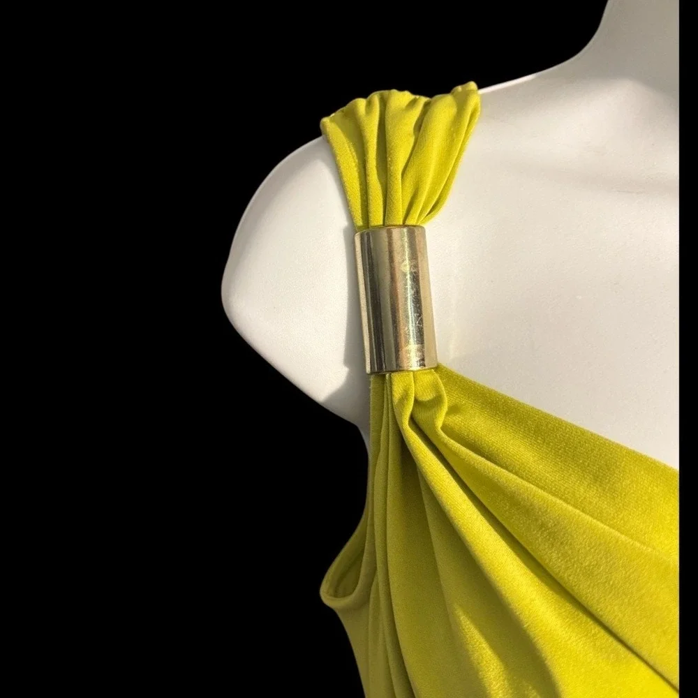 Chaus Women's Chartreuse Sleeveless Blouse Draped Neck Gold Shoulder Detail Sz S
